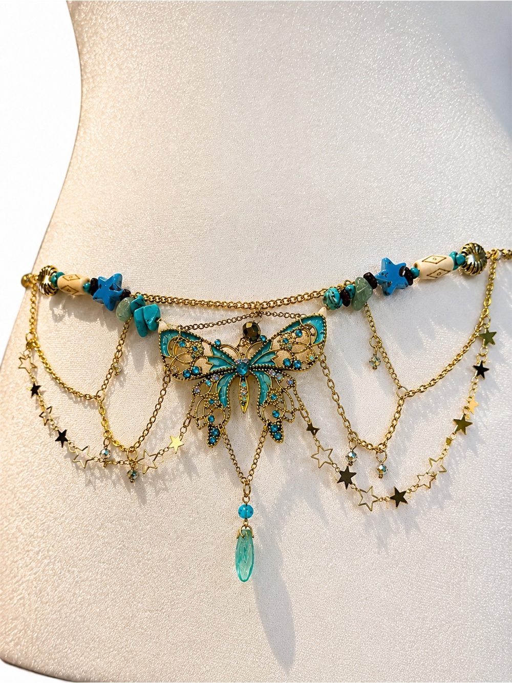 Gold-Tone Butterfly Waist Chain with Turquoise Accents - Picture 2 of 3